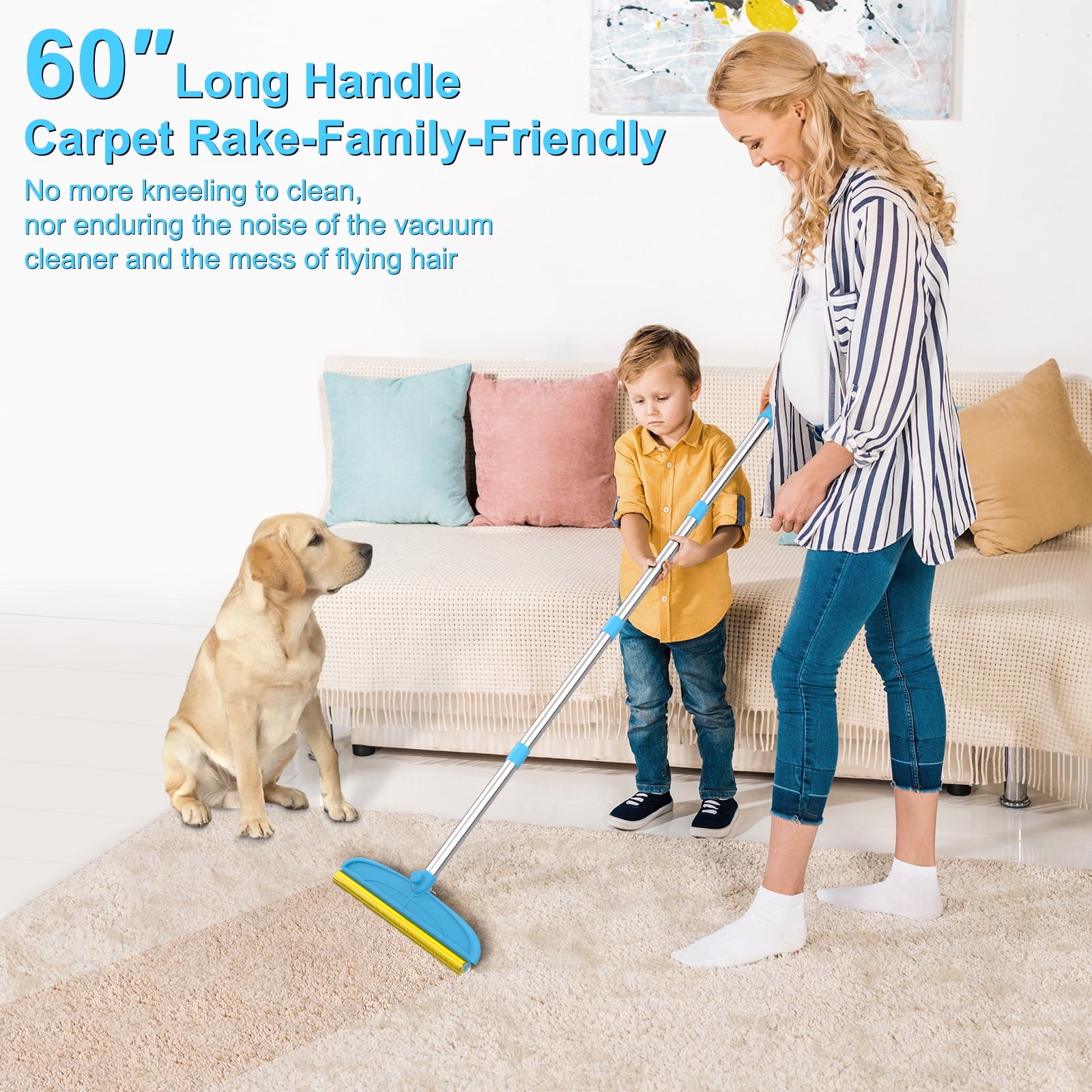 Carpet Rake for Dog Hair Remover: 2 in 1 Reusable Pet Hair Remover – 60" Adjustable Long Handle Carpet Removal Tool for Dog Cat Human Hair – Carpet Scrape Cleaning for Rug Couch Bed