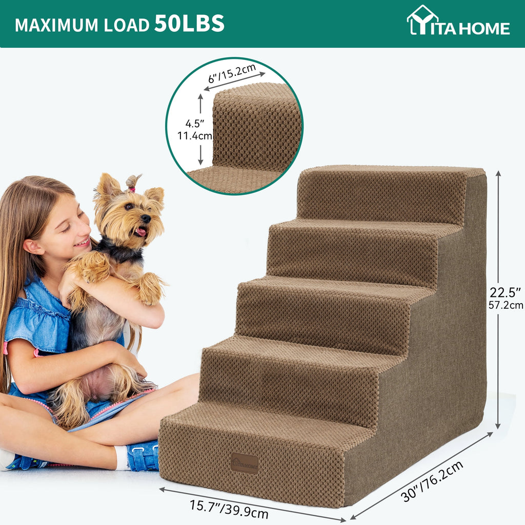 Dextrus 5-Step Pet Stairs for Small Dogs, Supportive Steps for Beds and Couches, Non-Slip Design for Injured and Elderly Pets - Brown