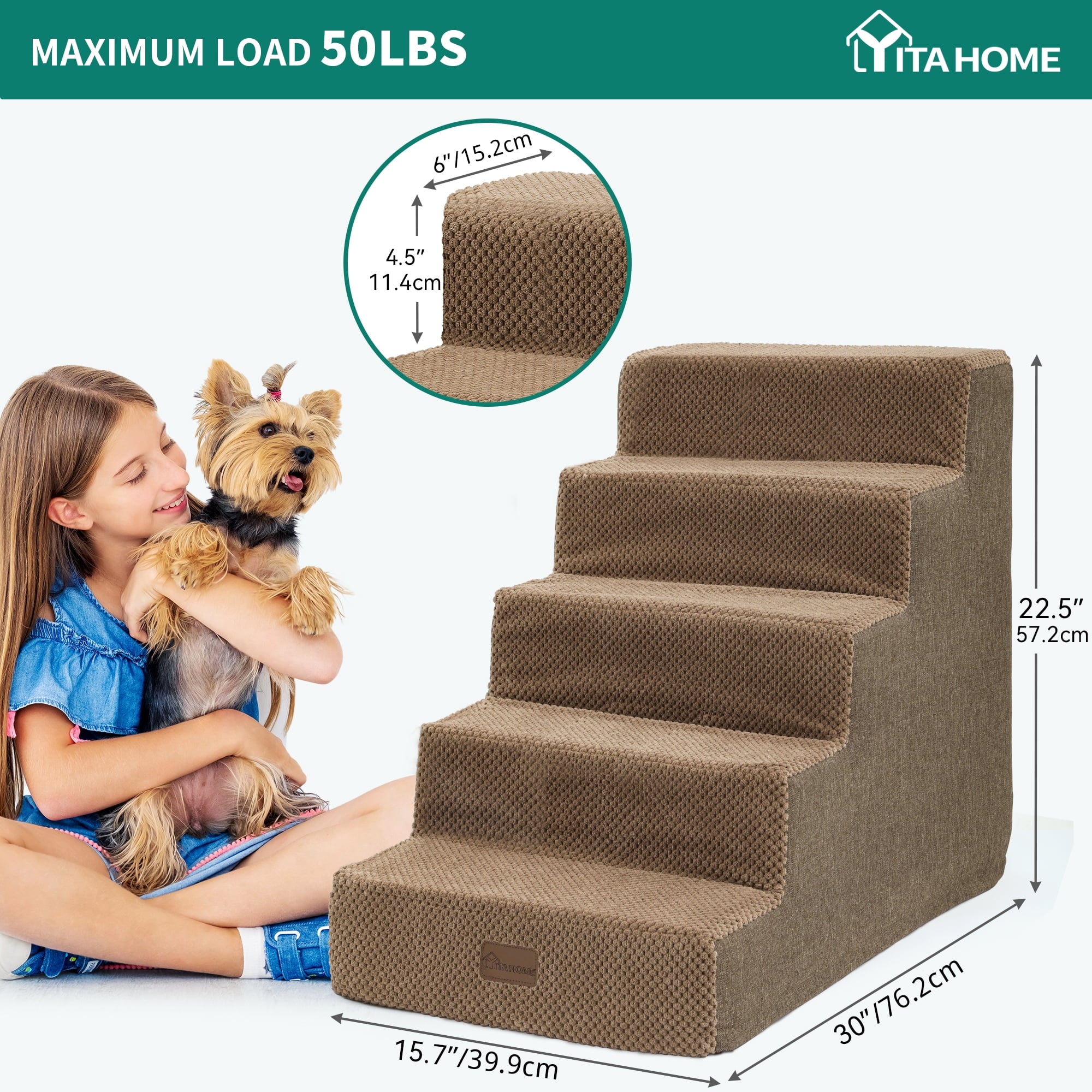 Dextrus 5-Step Pet Stairs for Small Dogs, Supportive Steps for Beds and Couches, Non-Slip Design for Injured and Elderly Pets - Brown