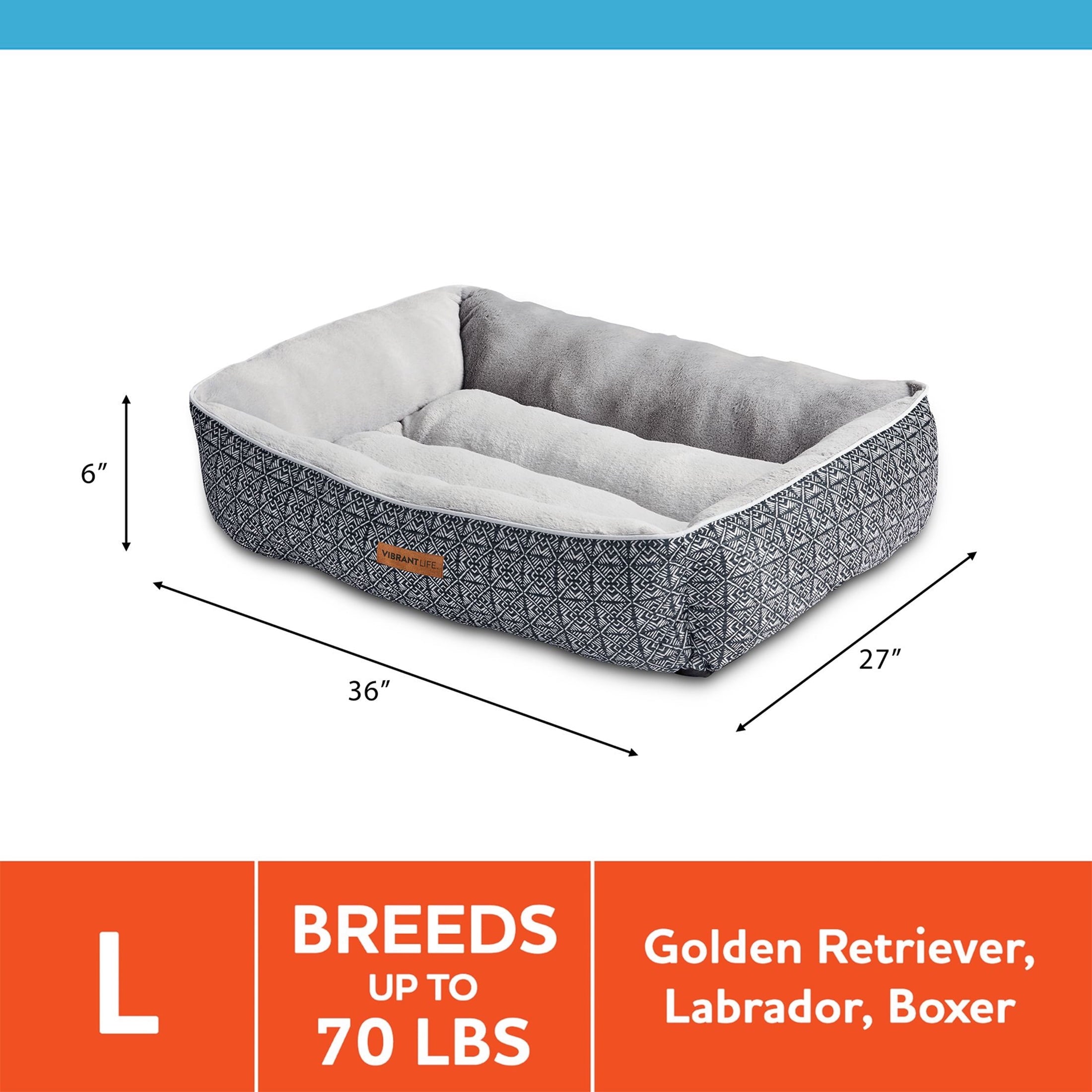 (2 pack) Vibrant Life Lounger Dog Bed, Black Geo, Large, 36" x 27"