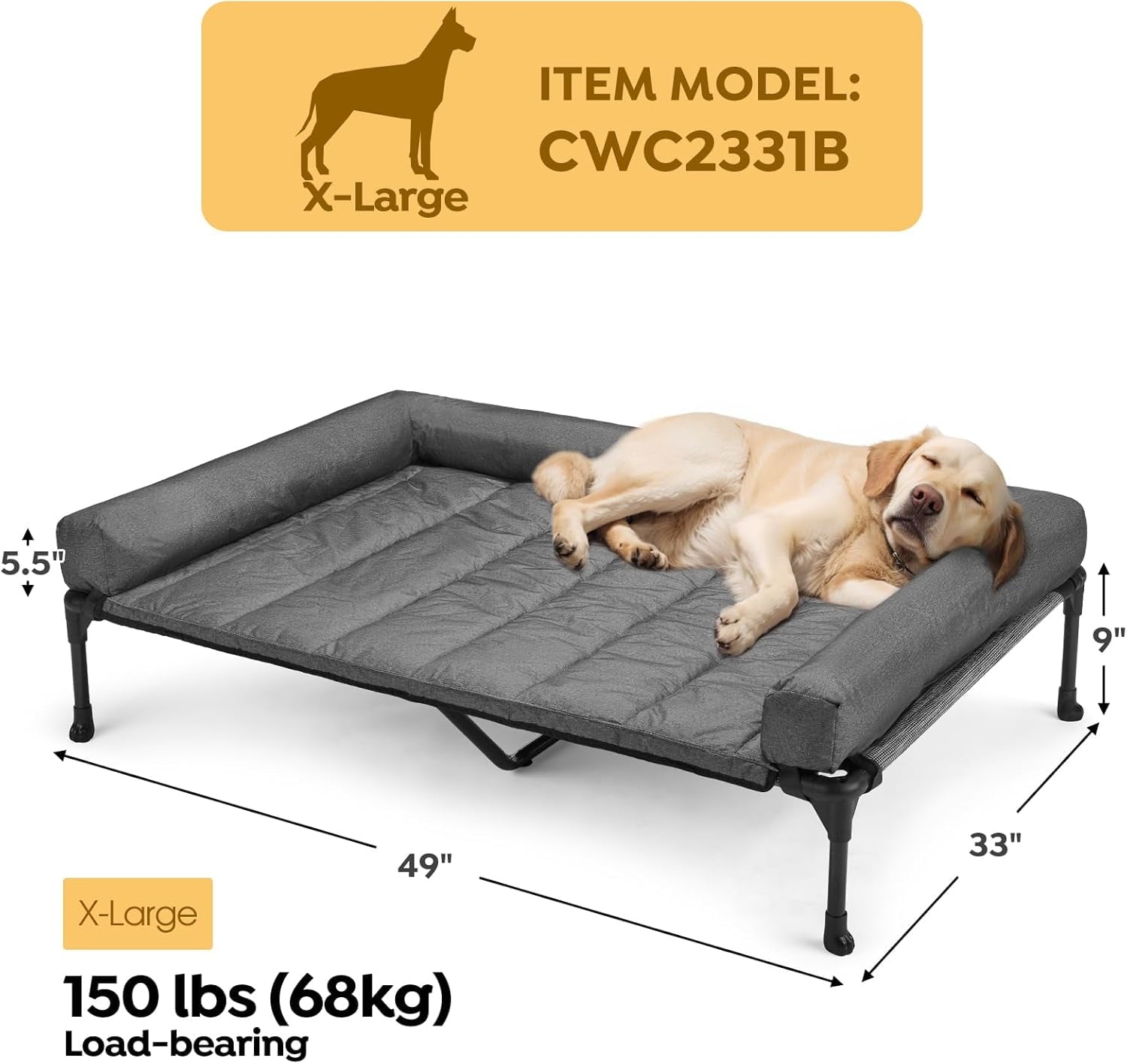 Elevated Dog Bed Add Removable Waterproof Bolster Cushion Mat, Raised Pet Cot with Breathable Teslin Mesh, No-Slip Feet, Dog Sofa Bed for Indoor Outdoor, XLarge, Black Silver