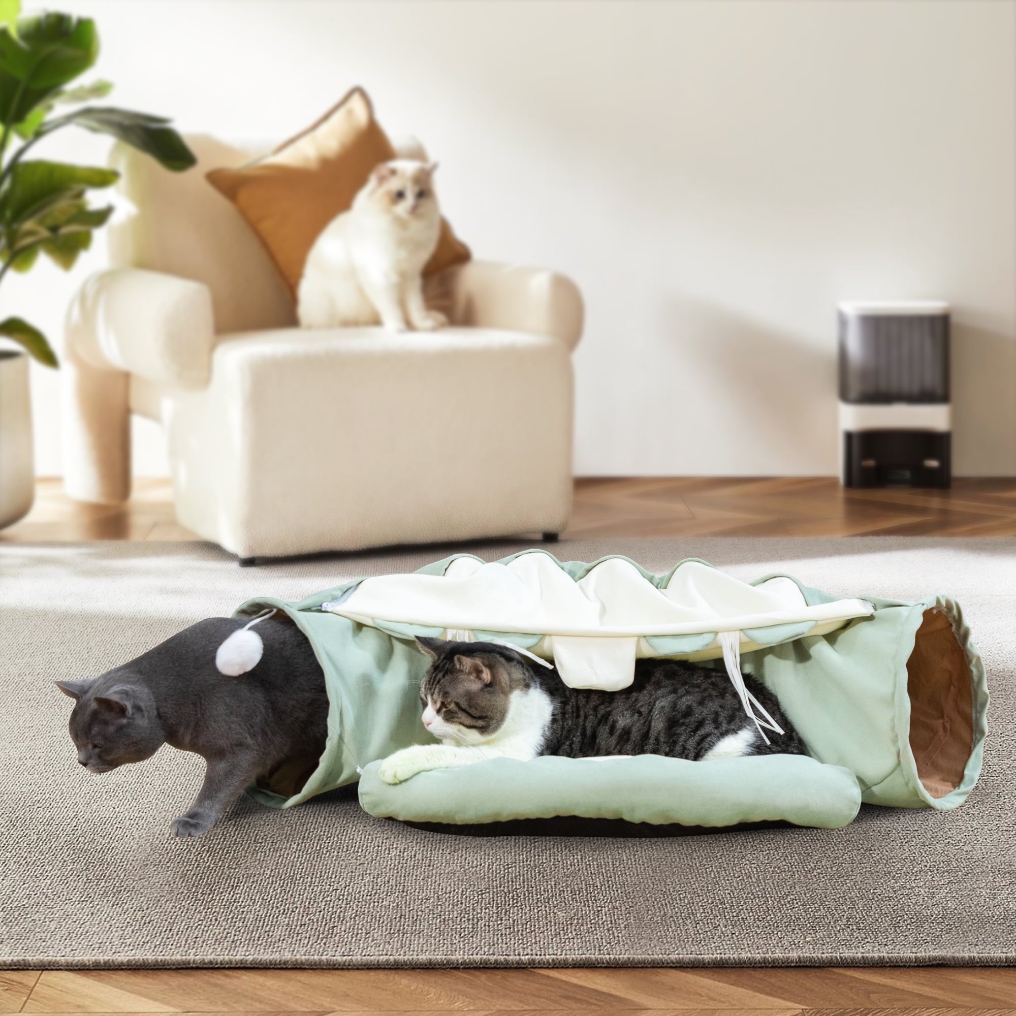 Coziwow 2-in-1 Cat Tunnel Tube Cat Tunnel Bed W/ Washable Bed Collapsible Kitty Toy, Green