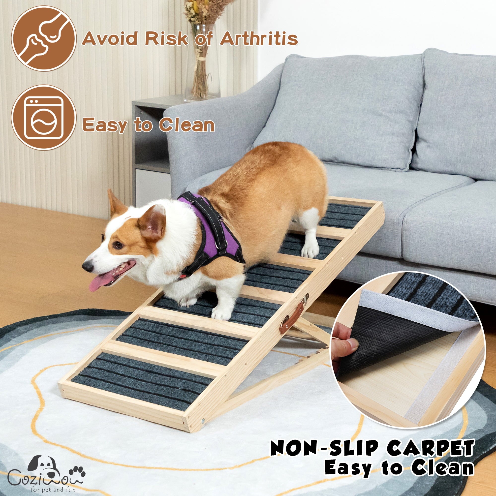 COZIWOW Adjustable Pet Ramp, Wooden Folding Dog Car Ramp with High Traction Mat, Portable Cat Ramp for Bed, Couch and Sofa, Natural