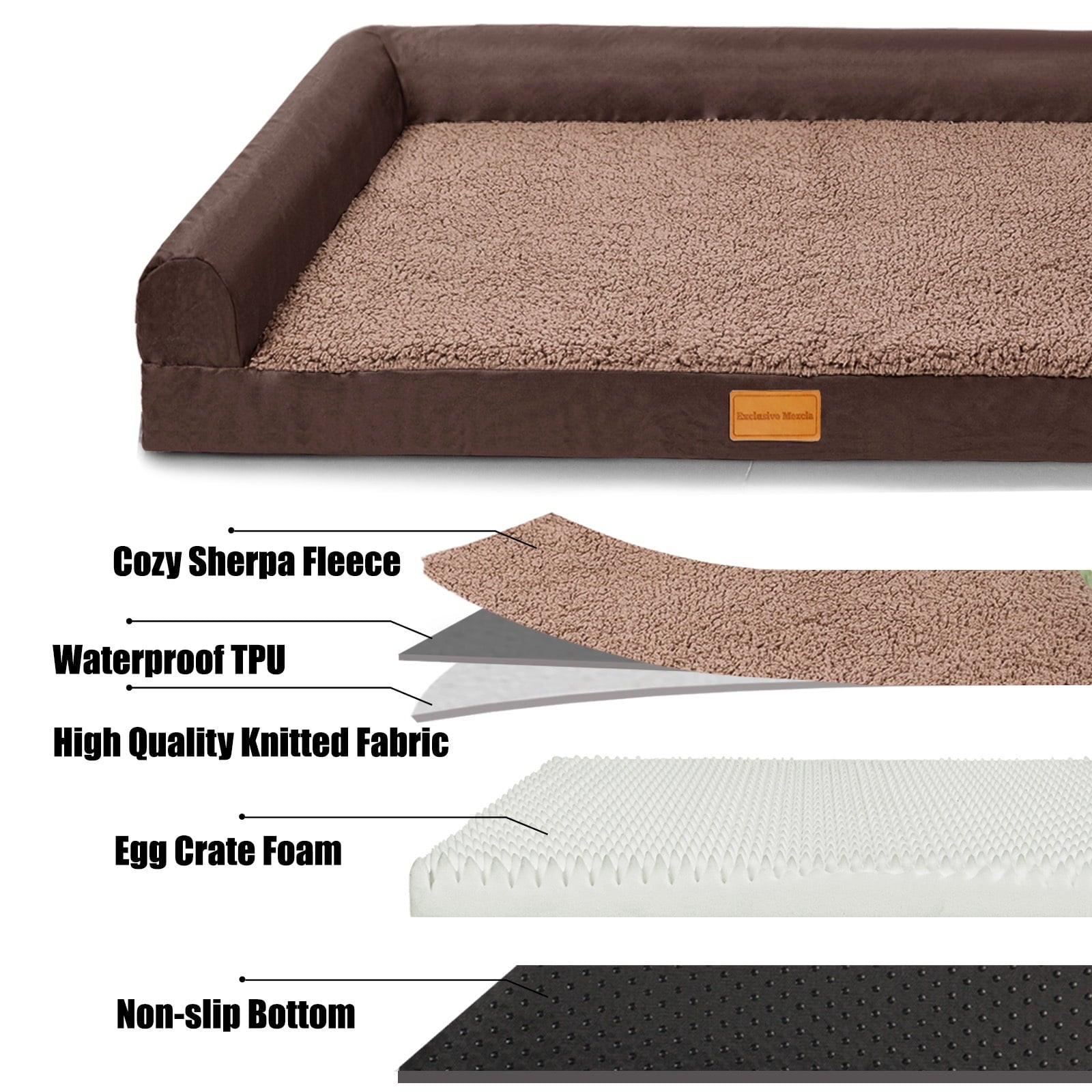 Exclusivo Mezcla Orthopedic Pet Bed for Extra Large Dogs 48"X30", L Shaped Waterproof Dog Beds with Removable Washable Cover, Brown