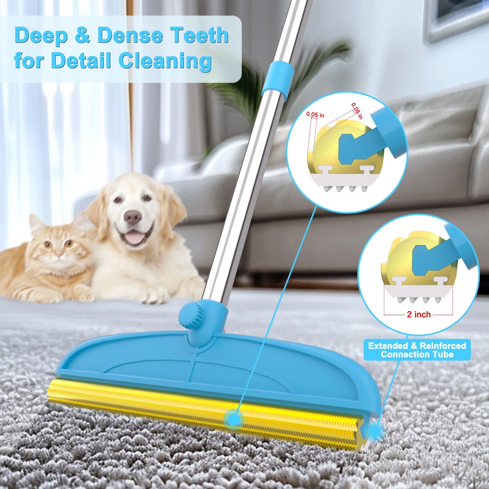 Carpet Rake for Dog Hair Remover: 2 in 1 Reusable Pet Hair Remover – 60" Adjustable Long Handle Carpet Removal Tool for Dog Cat Human Hair – Carpet Scrape Cleaning for Rug Couch Bed