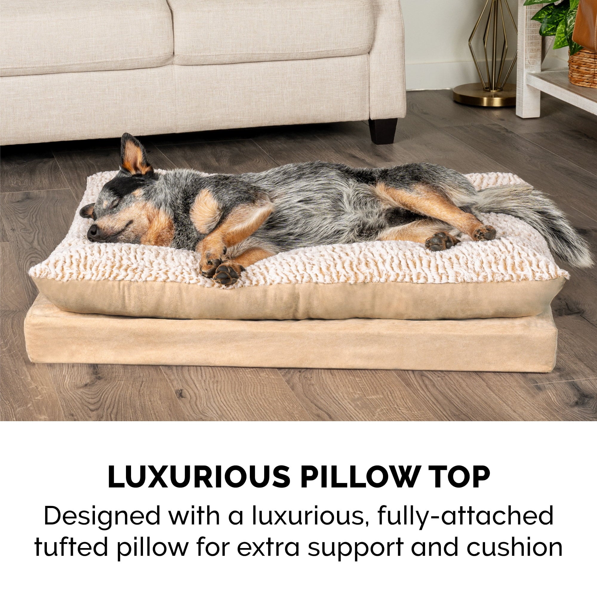 FurHaven Pet Products Medium Embossed Faux Fur & Suede Pillow Top Mattress Dog & Cat Bed, Taupe